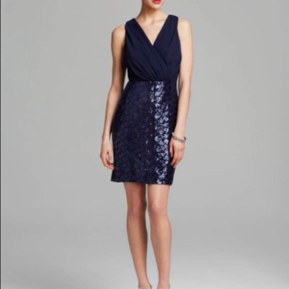 Blue Dress - Sleeveless V Neck & Sequin Skirt